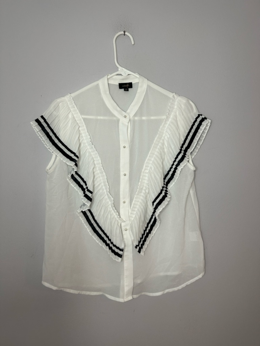 White Ruffle V-Neck Blouse with Black Trim - Women's Top size L